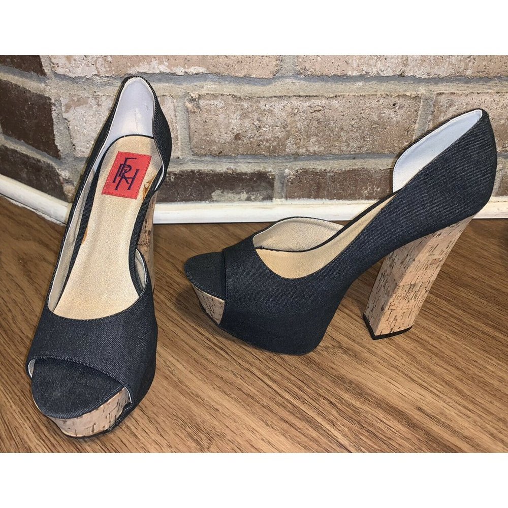 FRH Fahrenheit Sz 8 Wood Denim Cork Platform Heels